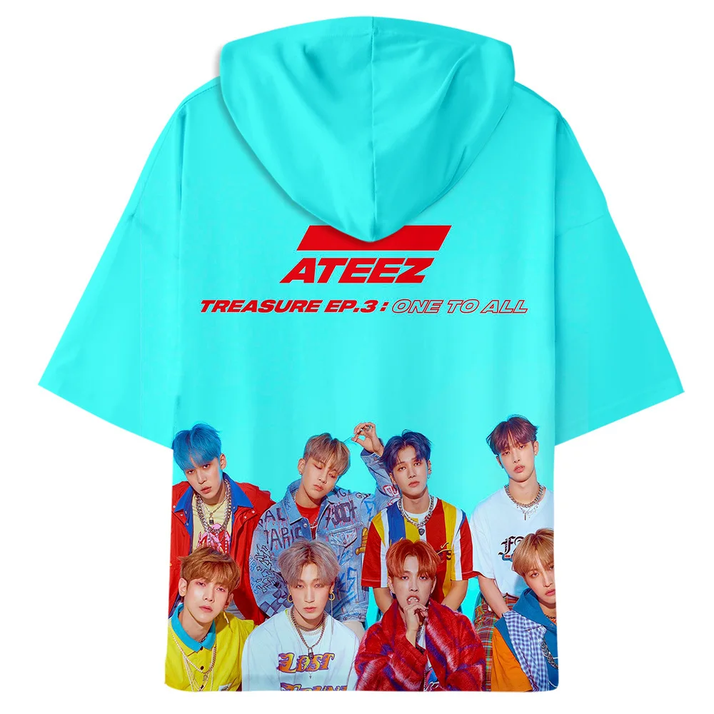 Корейская Мода KPOP ATEEZ альбом 3D печать короткий рукав с капюшоном футболка Женская Мужская Harajuku Повседневная Свободная хип хоп футболка летние топы