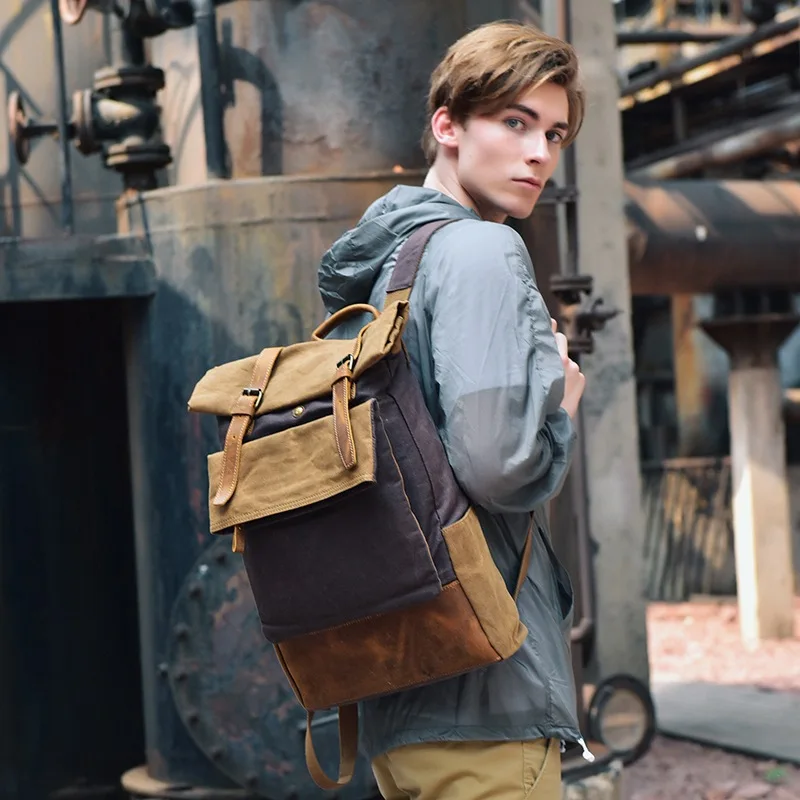 

New Wave Canvas with Crazy Horse Leather Men's Backpack Trend Genuine Large Capacity Travel Bag Fashion Cow Leather Backpack