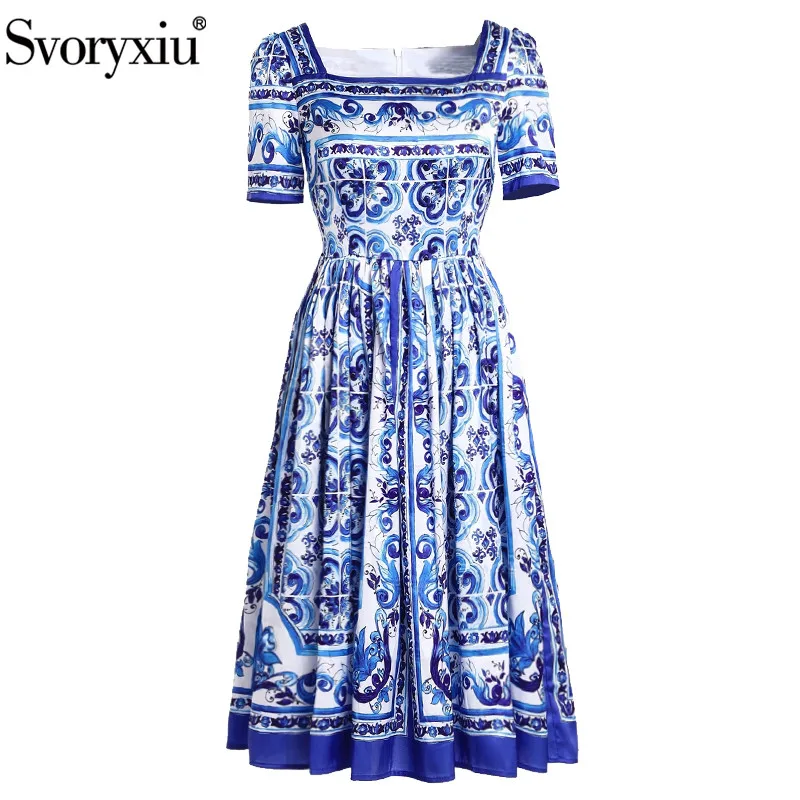 

Svoryxiu Fashion Runway Summer Blue White Porcelain Print Dress Women's Holiday Party Big Size Sexy Square Collar Dresses Female