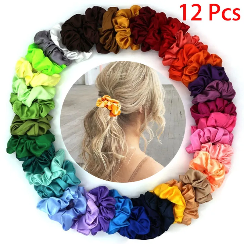 

12/20Pcs Fashion Women Silk Solid Scrunchies Elastic Satin Hairbands Girls Hair Tie Hair Rope Hair Accessories(Random Color)