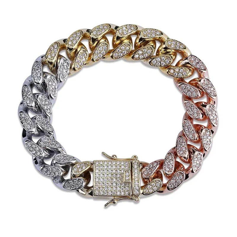

Cuban Link Chain Gold 925 Sterling Silver Zircon Three Color Miami Iced Out Hip Hop Men Cubic Zircon Bracelet Homme CZ Bijoux