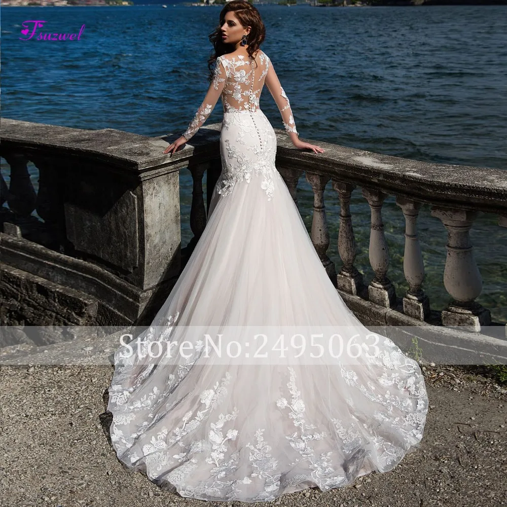 Fsuzwel великолепное свадебное платье с аппликацией и юбкой-годе сексуальное глубокое круглое декольте длинный рукав с раструбом, свадебное платье Vestido de Noiva Плюс Размер