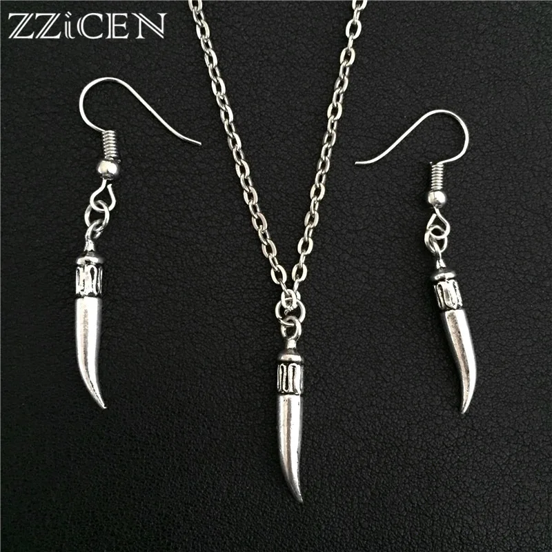 

New Antique Silver Carving Totem Animal Tooth Fangs Elephant Wolf Teeth Pendant Necklace Drop Earrings Jewelry Sets Amulet Gifts