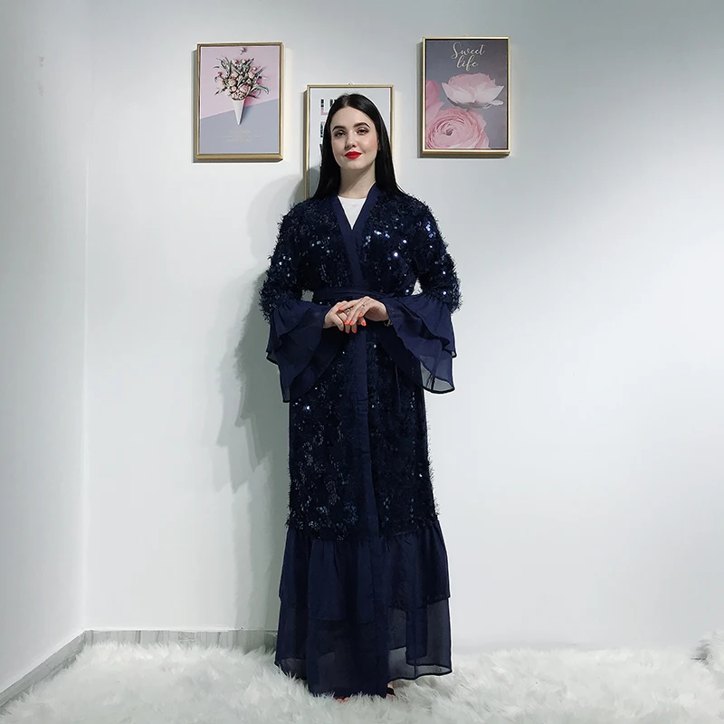 Кимоно в блестках Открытое платье Дубая исламский, мусульманский платье хиджаб Абая для женщин халат кафтан турецкие платья Ислам ic Костюмы