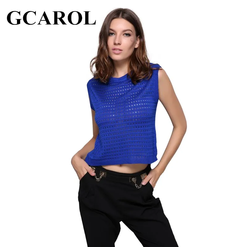 

GCAROL New Arrival Knitted Crop Tops Hollow Out Sleeveless Sweater Orange Sapphire Knitting Pullover For Spring Autumn Winter