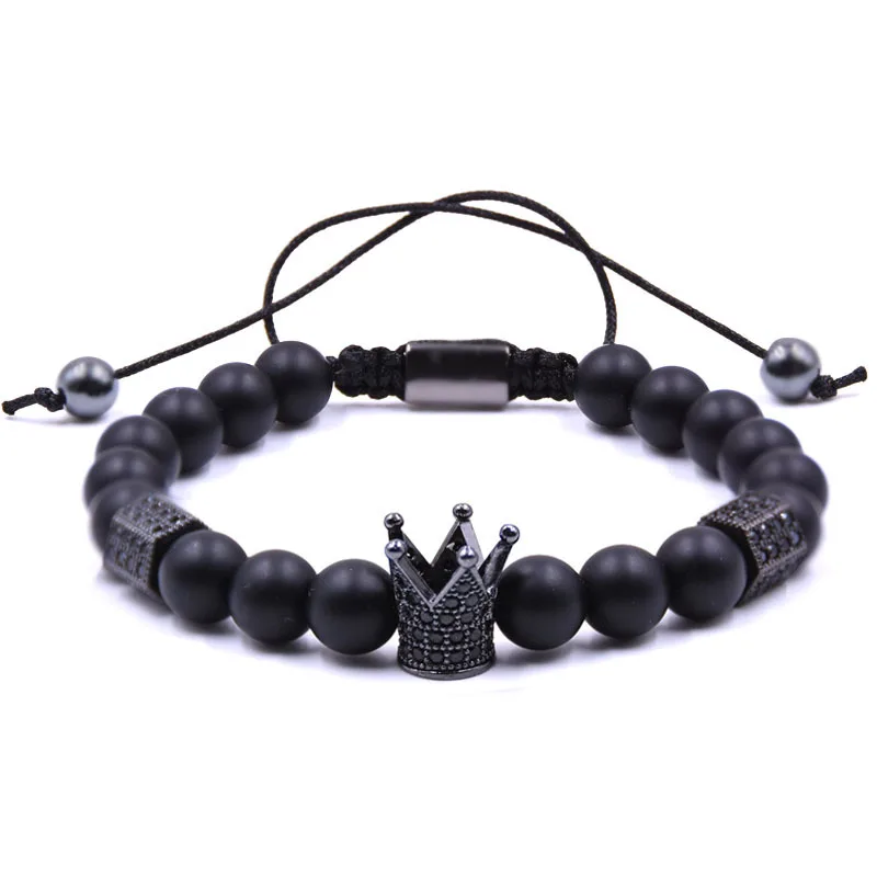 

2018 New Gold Silver Color Crown Charm Bracelets For Men Women Natural Stone Strand Beaded Bracelet Men Fashion Jewelry