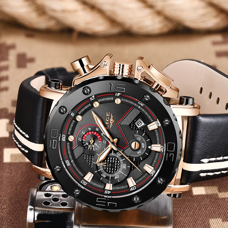LIGE New Creative Men Watch Top Brand Luxury Chronograph Quartz Watches Clock Men Leather Sport Arm
