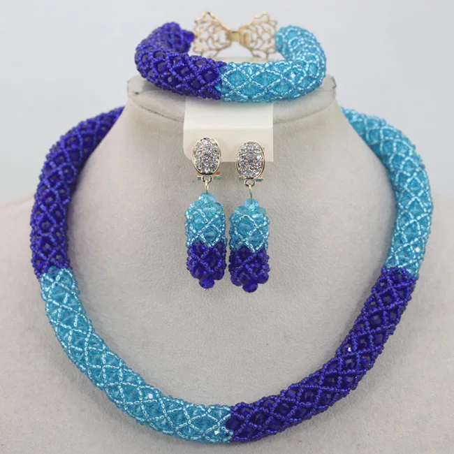 

Popular Mix Blue African Crystal Beads Wedding Party Jewelry Set Women Costume Necklace Bracelet Set Crystal Free shipping QW771