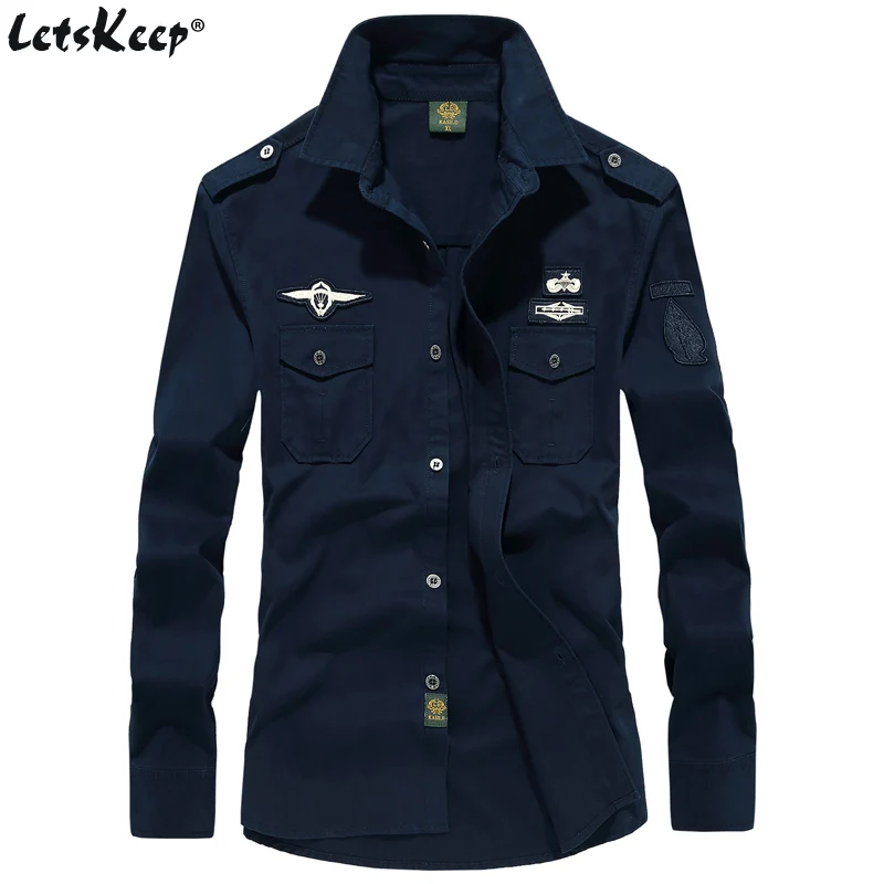 LetsKeep Men's Military long sleeve shirt vintage army shirts men cotton shirt Plus size M-6XL, ZA577 - Цвет: Dark Blue