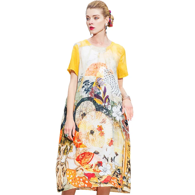 

POKWAI Vintage Print Summer Silk Dress Women 2018 New Fashion High Quality Short Sleeve O-Neck Sashes Straight Dresses
