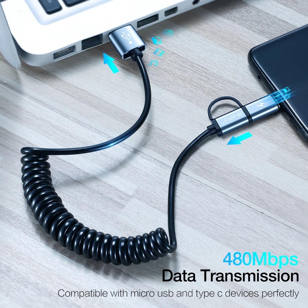 Кабель USB Type C RAXFLY 2 в 1 для Xiaomi Redmi Note 7 быстрая зарядка пружинный зарядный кабель Micro