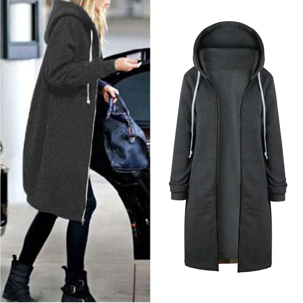 Стильная женская куртка с капюшоном на молнии размера плюс S-5XL с длинным рукавом и карманами, Повседневная осенне-зимняя куртка, длинная однотонная верхняя одежда