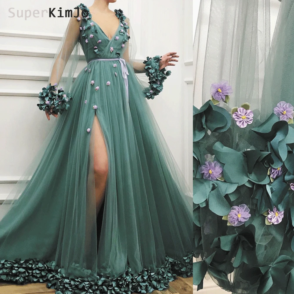 

SuperKimJo Flare Sleeve Prom Dresses 2019 Robe De Soiree Deep V Neck Handmade Flowers Elegant Prom Gown Vestidos De Gala