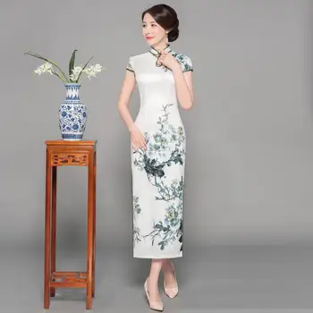 

Summer Elegant Traditional Chinese Slim Satin Dress Mandarin Collar Cheongsam Flower Printed Long Qipao For Women M-3XL 935