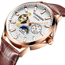 Высококлассные механические часы Топ бренд GUANQIN турбийон автоматические часы мужские кожаный ремешок фаза Луны 24 часа светящиеся стрелки