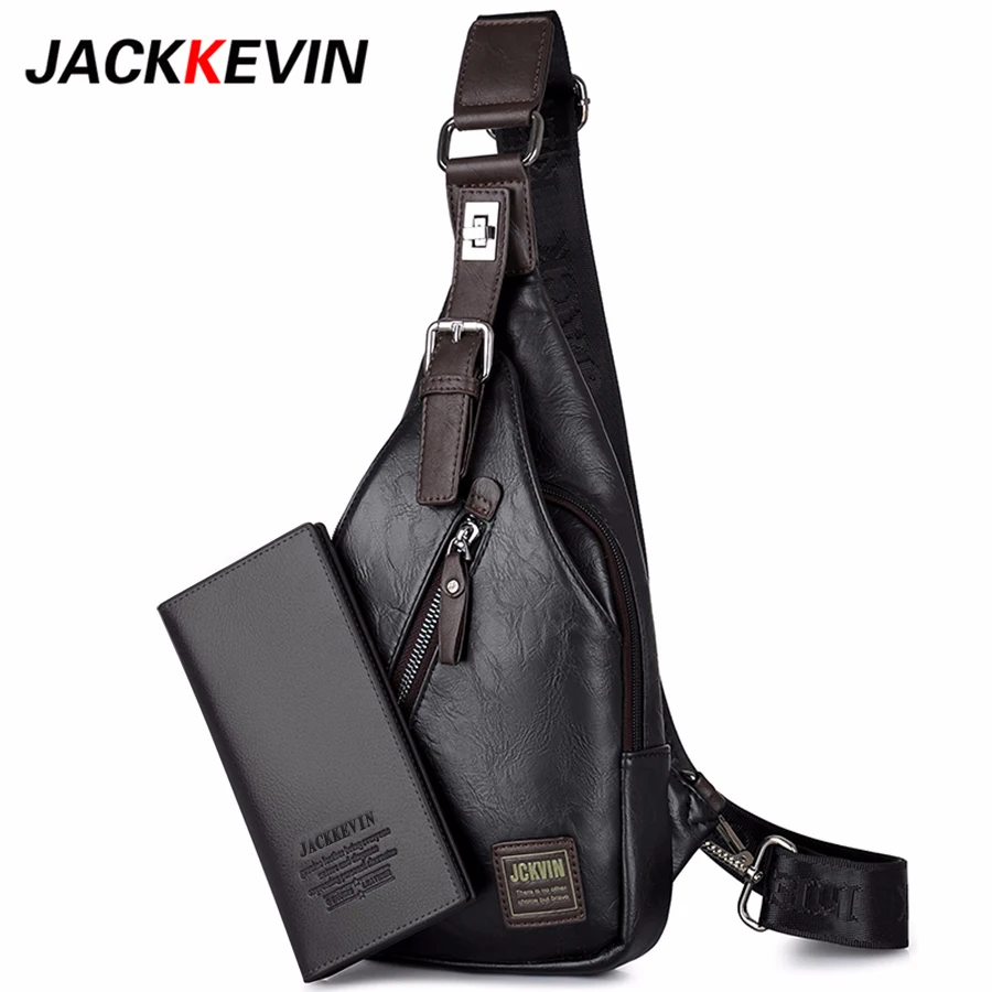 JackKevin Pánská móda Crossbody taška Theftproof otočné tlačítko Otevřené kožené pytle na hrudi Muži ramenní tašky Hrudní balík pasu