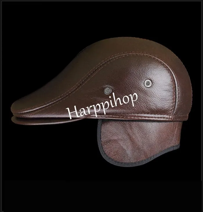 2019 New Design Men's 100% Genuine Leather  Cap brand Newsboy /Beret /Cabbie Hat/ Golf Hat winter warm hats with ears wool beret mens