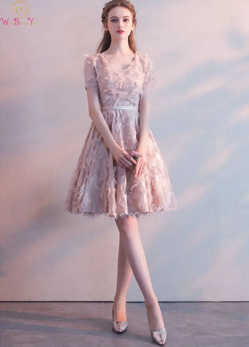 

Chic Pink Cocktail Party Dresses 2019 Perfect Short Sleeves A Line Mini Simple V Neck Formal Satin Prom Gown With Sashes vestido