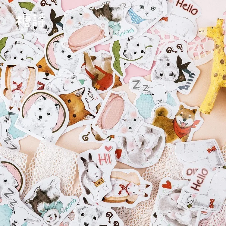 45PCS/box New Cartoon Pet Collection Paper Lable Sealing Stickers Crafts Scrapbooking Decorative Lifelog DIY Stationery Sticker