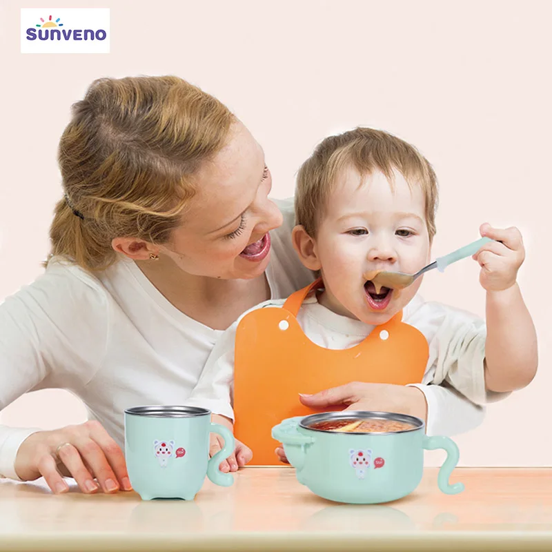 

Sunveno baby eat food feeding set 5-Piece bowl cup spoon fork pratos 0-36 Months baby dishes plate for kids baby safe dinnerware