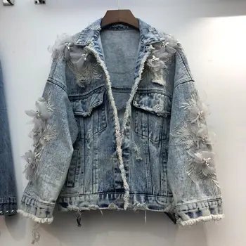 

2020 Spring Fall Vintage Embroidery Appliques Cowboy Coat Female Fashion Hole Loose Denim Jackets Womens Jean Jacket Basic Coats