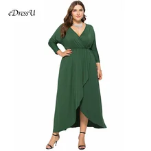 Платье макси размера плюс, элегантное вечернее платье с v-образным вырезом, эластичная официальная одежда, зеленое свадебное платье для гостей eDressU LMT-FP6036