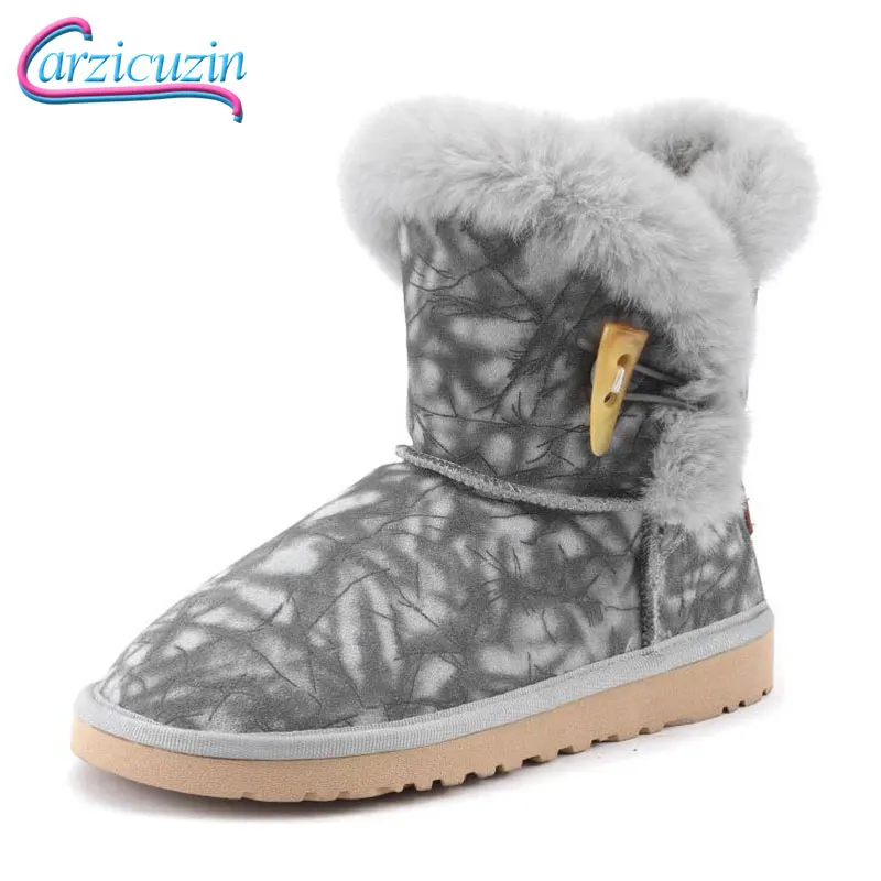 

Carzicuzin Women Real Leather Flats Snow Boots Winter Plush Fur Shoes Women Warm Ankle Boots Mixed Color Footwear Size 34-39