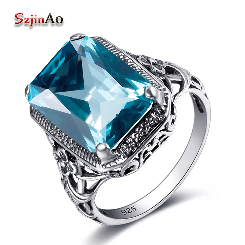 

Szjinao Korean Wedding Ring Aquamarine Birthstone Promise Square Design 925 Sterling Silver Jewelry Simple Rings for Girls