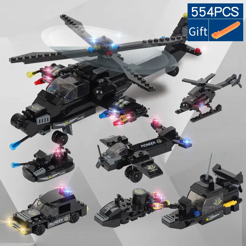 8 IN 1 554PCS 563PCS Small Building Blocks City Police SWAT Aircraft Car DIY Bricks With 8PCS Figures Instructions | Игрушки и хобби