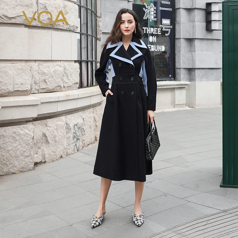 

VOA Double Breasted Wool Coat Women Winter Warm Long Tunic Overcoat Ladies Sailor Woolen Navy Blue INS Street Snap Wear SA8371