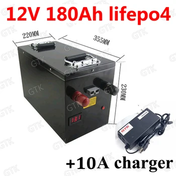 

Portable waterproof Lifepo4 12V 180AH lithium battery BMS 4S 12.8V for Boat golf cart emergency lighting inverter +10A Charger