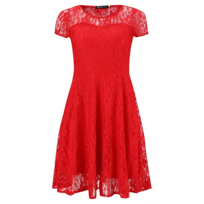 Кружевные платья с принтом и круглым вырезом, женское платье с коротким рукавом, женское платье трапециевидной формы со средней талией, модное женское вечернее платье, винтажное платье - Цвет: red