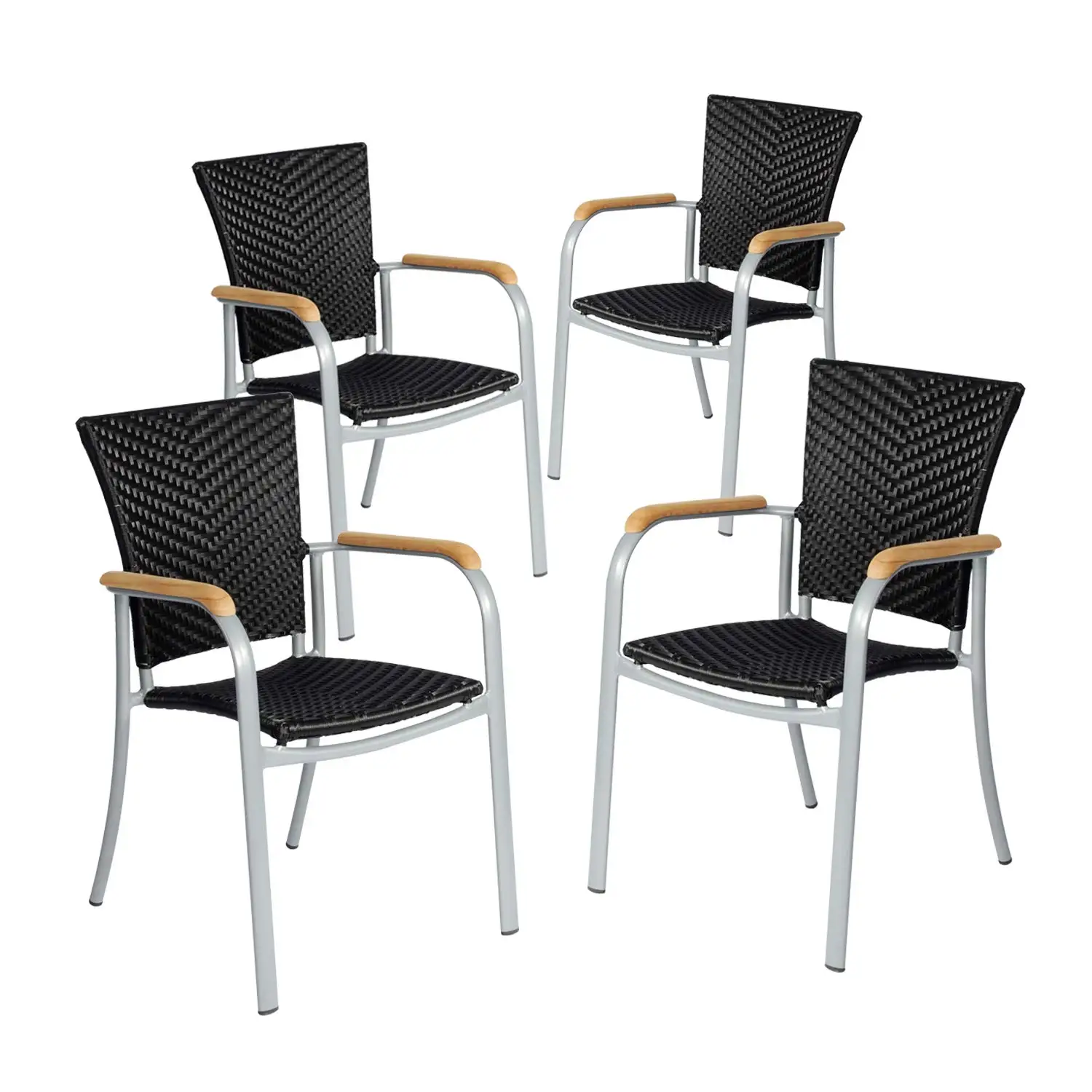 Set Of 4 Patio Rattan Stackable Dining Chairs With Wooden Armrest