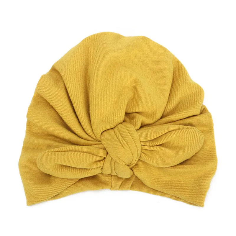 Зима-осень, новая Толстая теплая хлопковая вязаная детская шапка с большим бантом, чепчик для новорожденных от 0 до 24 месяцев, вязаная шапка для маленьких девочек, шапочка - Цвет: knotted yellow