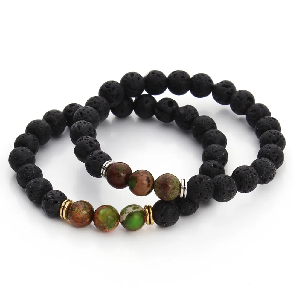Black Lava Beaded Bracelets Bangles Green Imperial Natural Stone Beads