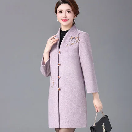 Модные зимние шерстяные куртки для женщин, тонко вышитые цветы, темперамент, тонкое длинное шерстяное пальто, высокое качество, зимняя женская куртка - Цвет: Розовый