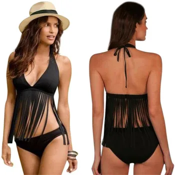 

Bikinis Sets 2019 Women Fashion Black Tassel Backless Frenum Polyester Fibre Beach Female two-pieces Swimming Suits #0116 A#487