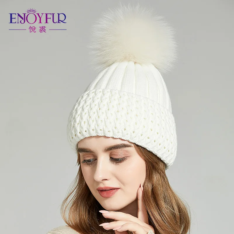Женские шапки с меховым помпоном ENJOYFUR, шапки с помпоном из натурального меха енота или лисы, для осени и зимы - Цвет: 10F09