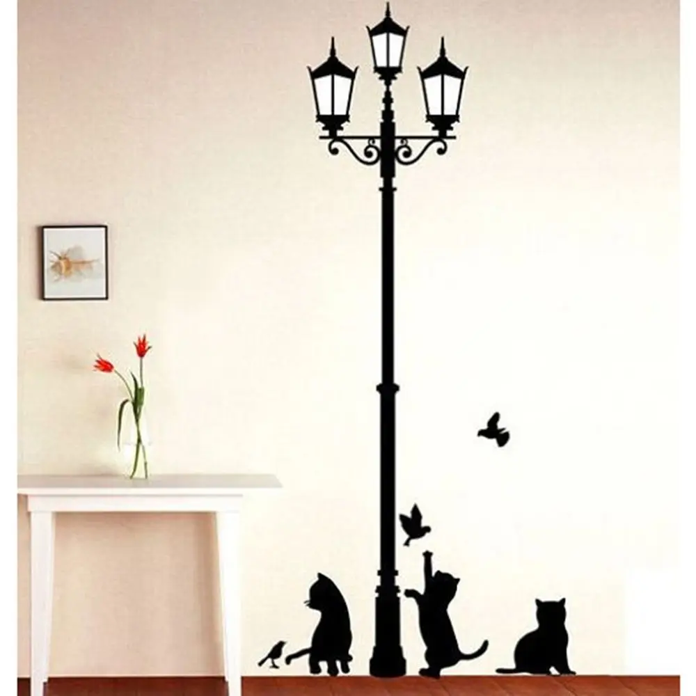 

New Popular Ancient Lamp Cats and Birds Wall Sticker Home Decor Room Wallpaper