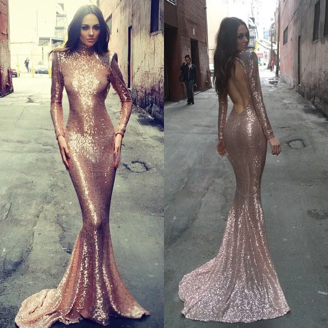

Mermaid High Neck Long Sleeve Open Back Gold Sequin Evening Gown 2015