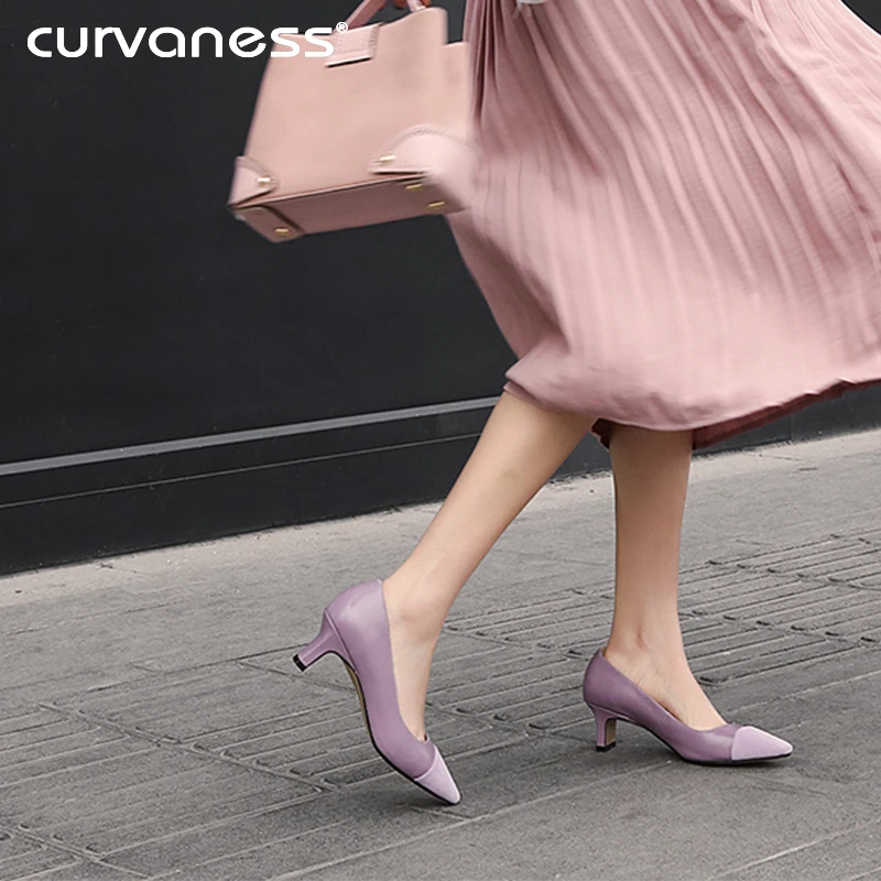 

Curvaness 2018 New Women Elegant Luxury Design 5cm High Heels Pumps Lady Pointed Toe Green Scarpins Heels Female Patchwork Shoes