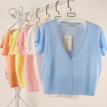 Размер M-2XL, весна-лето, женские вязаные повседневные свободные свитера с v-образным вырезом, кардиганы, женская трикотажная одежда с коротким рукавом