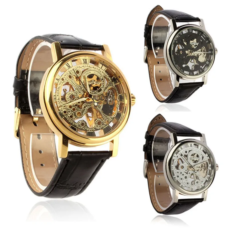 

Quartz Watch For Fashion Luxury Mens Mechanical Skeleton Analog Watch Hand Wind Up Leather Strap Wristwatch wholesale