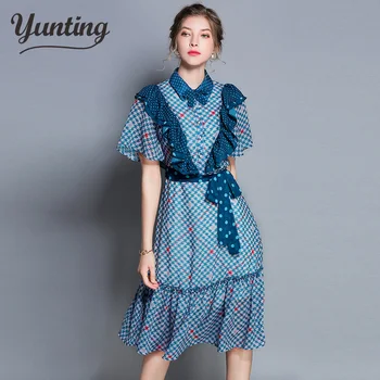 

New 2018 Summer Women Elegant Belt Print Ruffles Dot Flare Sleeve Pearls Bow Dress Runway Blue Sweet Chiffon Dress Vestidos