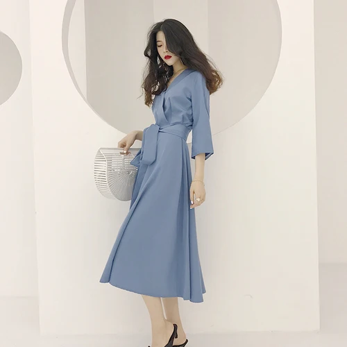 

Spring Women Dress A-line Solid Three Quarter Sleeves Vestido With Sashes Mid-calf V-neck Regular Womens Dresses