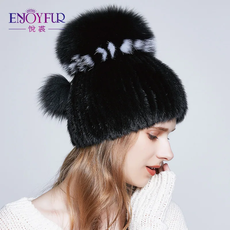

ENJOYFUR Thick Warm Real Natural Mink Fur Hats For Women Mix Color Fox Fur Female Winter Hats Double Pompoms Luxury Beanies