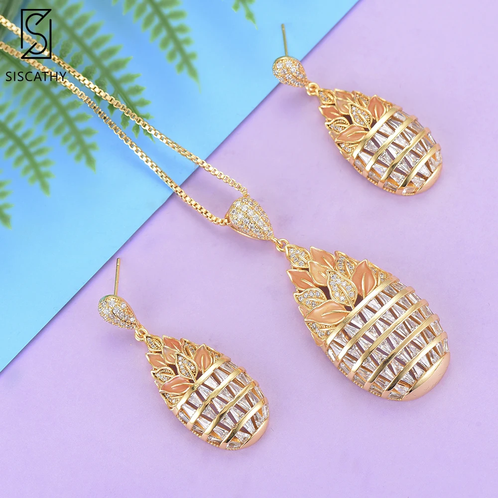 

Trendy Nigerian Bridal Wedding Jewelry Sets Chains Necklace Dangle Earrings Jewelry Sets Cubic Zirconia Inlaid Jewelry For Women