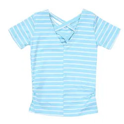 Детская футболка для маленьких девочек летняя одежда футболка в синюю полоску с v-образным вырезом и короткими рукавами детские футболки