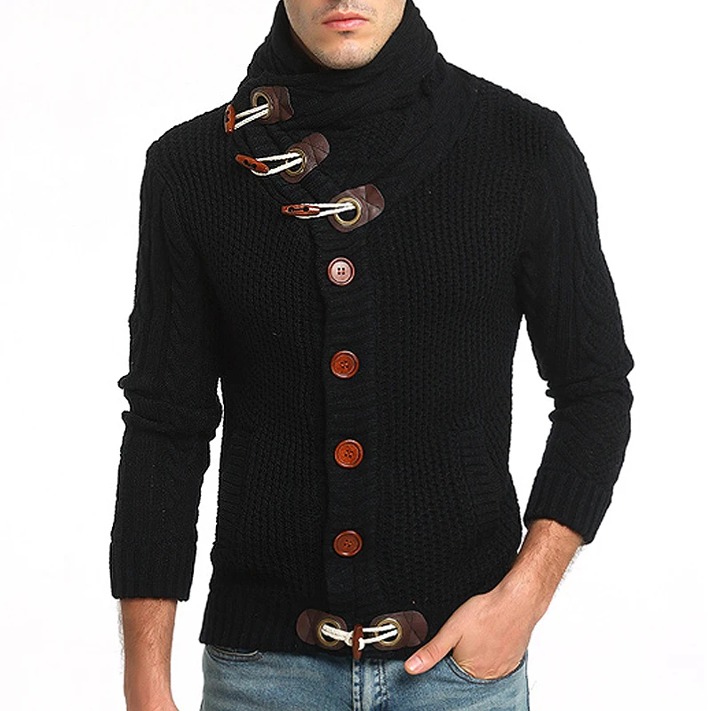 Мода Рог пряжка Повседневный свитер мужские водолазки грубая шерсть пуловеры Твист Цветок эластичный плотный свитер одежда S-XXL