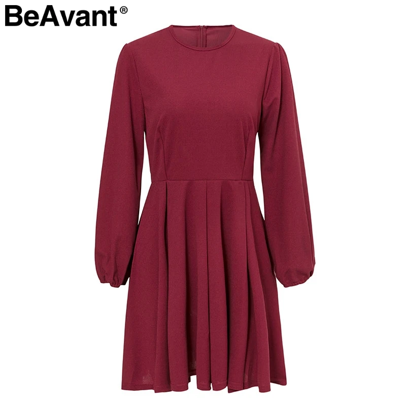 BeAvant Wine red winter women dress elegant Long sleeve pleated party dress casual High waist short dress robe femme hiver 2018